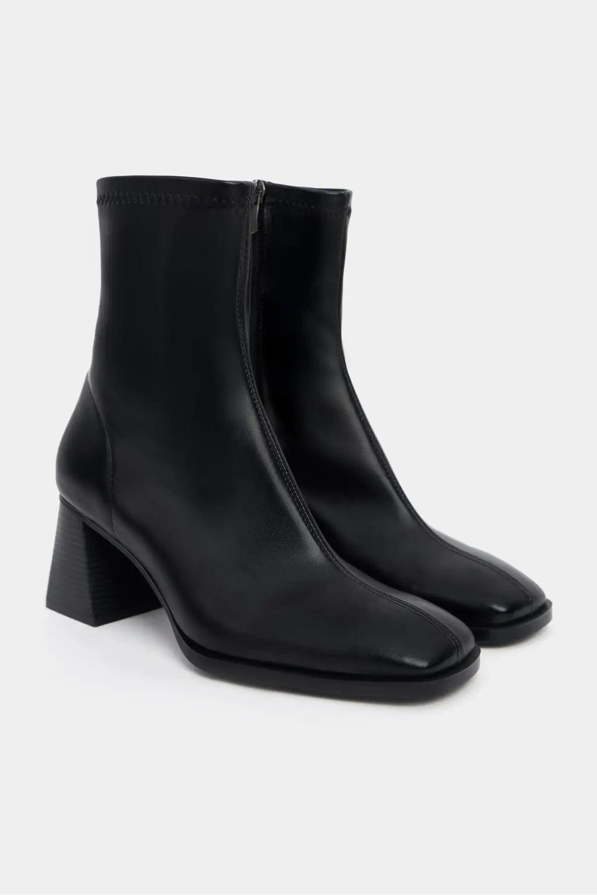 SABLEX BLACK MATTE ZIPPER DETAIL BLUT-TOE WOMEN'S HIGH-HEEL BOOTS