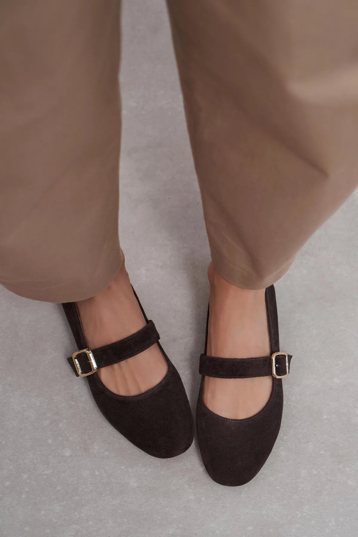 BERLIN Coffee Suede Genuine Leather Buckle Strap Women’s Ballerina Flats