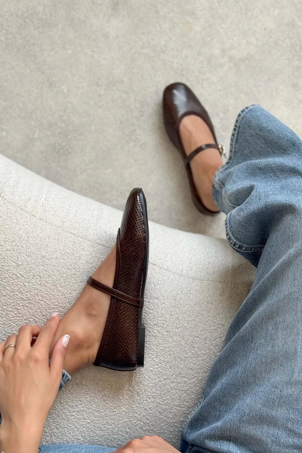 Giallo Brown Wrinkled Matte Belt Detail Studded Flat Sole Women's Ballerinas