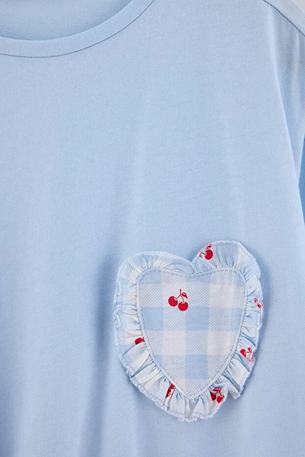 Blue 100% Cotton Cherry & Plaid Ruffle Knit Pajama Set