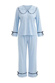 Blue Bow Detail Viscose Woven Pajama Set