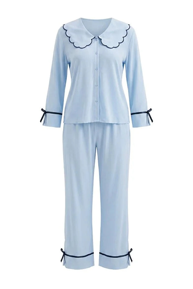 Blue Bow Detail Viscose Woven Pajama Set
