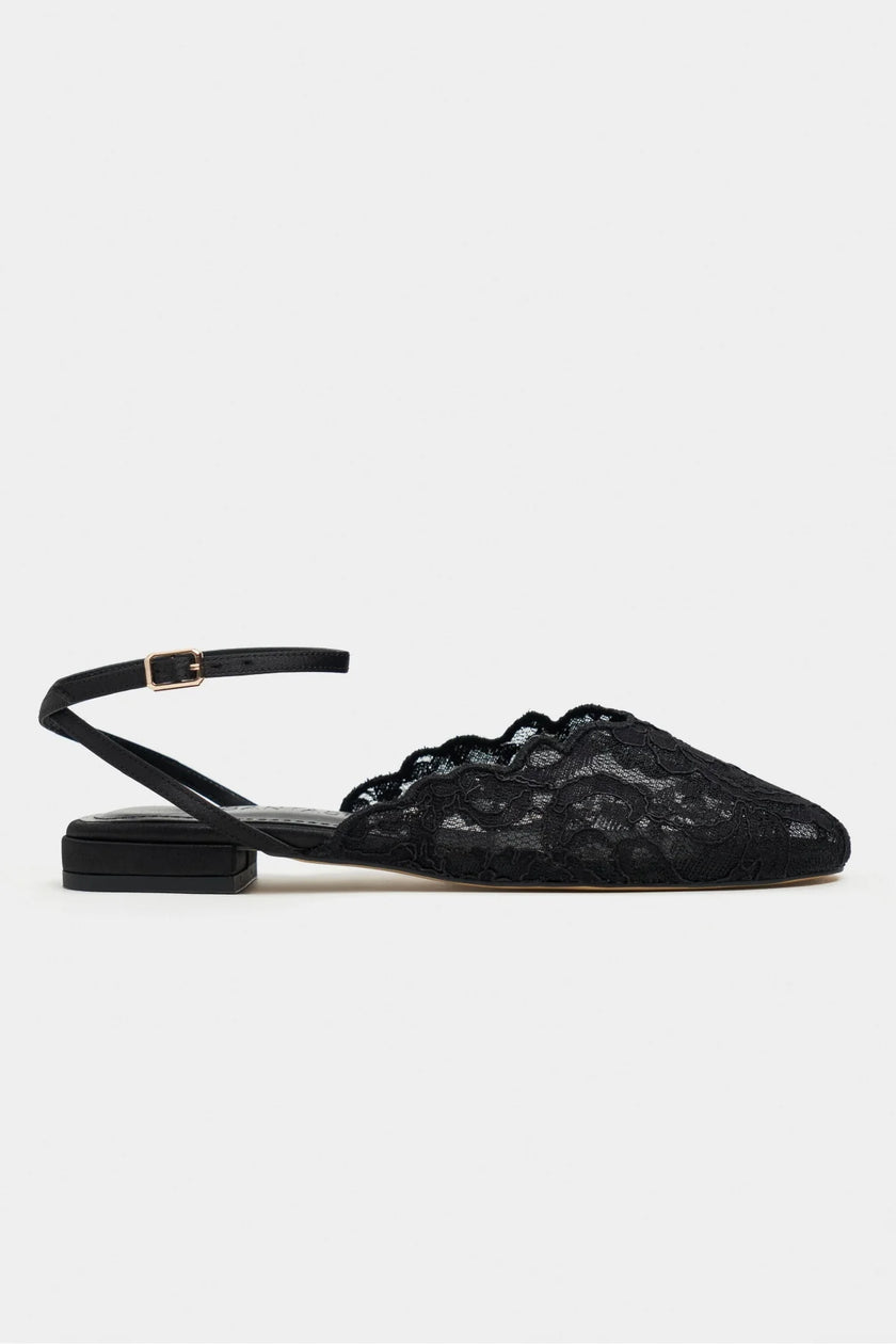 Tracy Black Lace Detail Back-Strap Buckle Flat Sandals