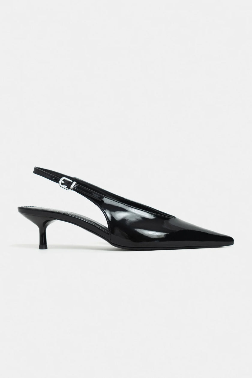 DOREY Black Patent Leather Ankle Buckle Detail Women’s Heel Shoes