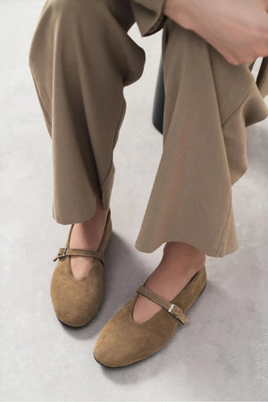 MERA Rome Beige Suede Buckle Detail Genuine Leather Women’s Flat Ballet Shoes