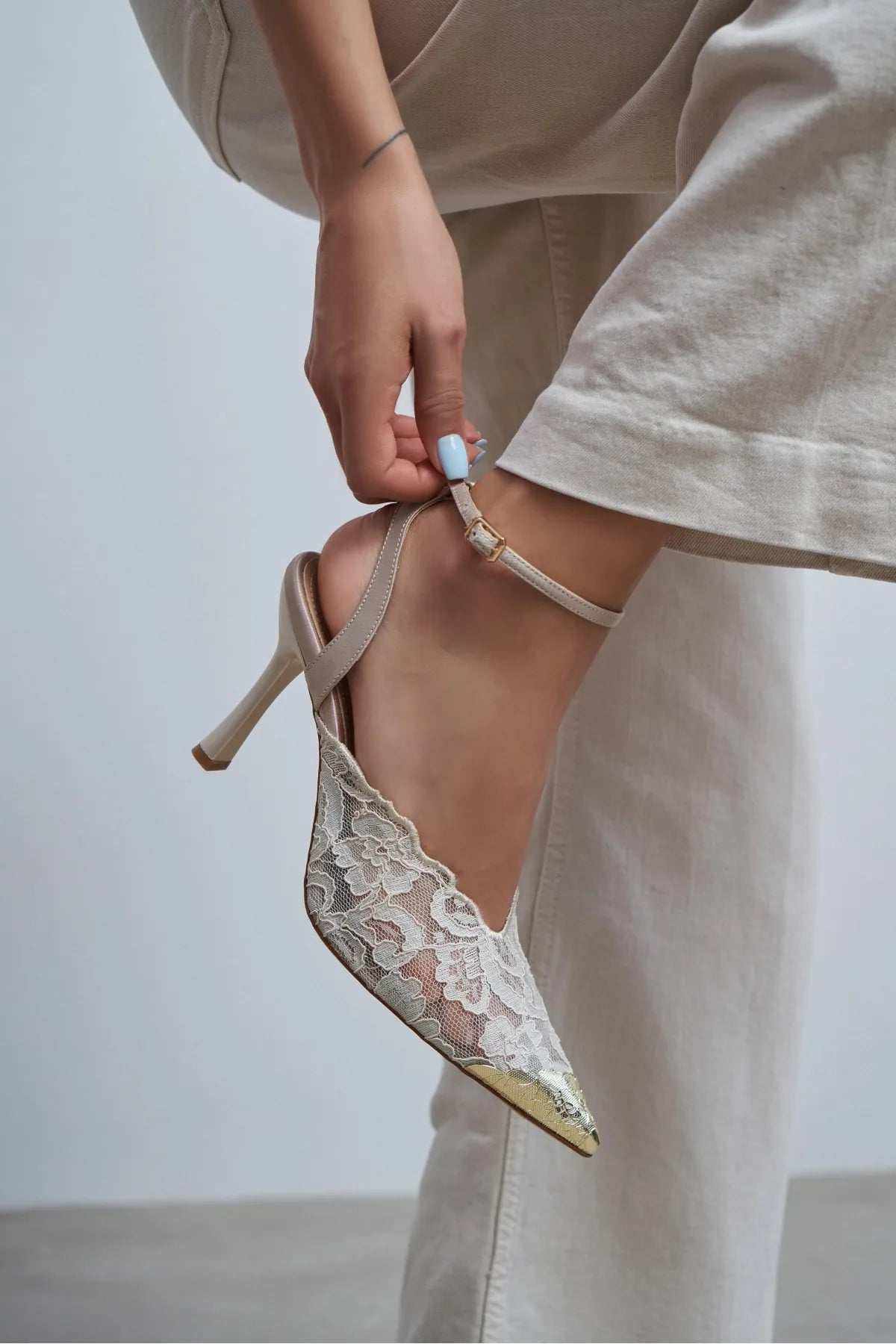 HANNAH Beige Lace Embroidered Detail Back Strap Women’s Heels