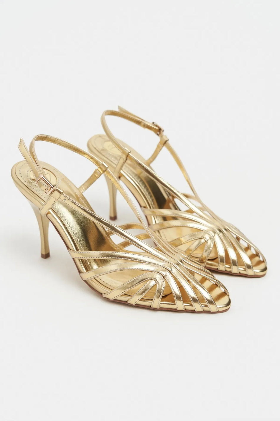 ERYU Gold Metallic Peep Toe Cage Detail Women’s Heeled Shoes