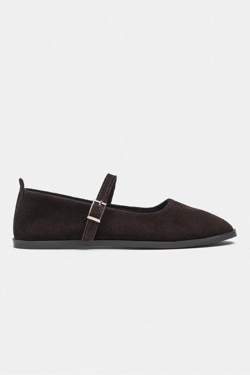 Jade Dark Brown Suede Genuine Leather Double-Buckle Flat Women's Ballet Flats