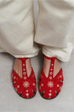 UTYA RED SUEDE Leather Embroidery Detail Flat Women’s Sandals