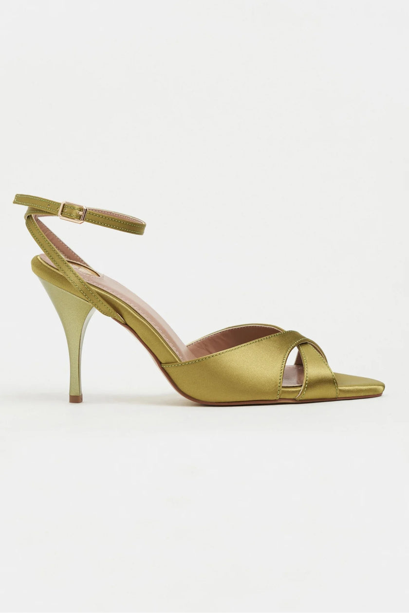 MONICA Green Satin Ankle-Strap Detail Women’s Slim High-Heel Shoes