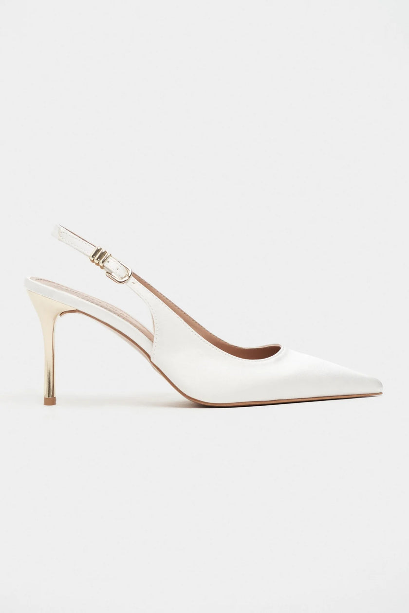 VIORA Pearl Satin Buckle Detail Women’s Gold Heel Shoes