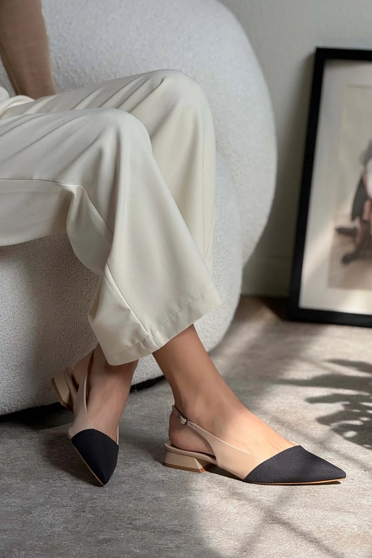 VIKTOR Nude Satin Black Detail Pointed Toe Ankle Strap Women’s Low Heel Ballet Shoes