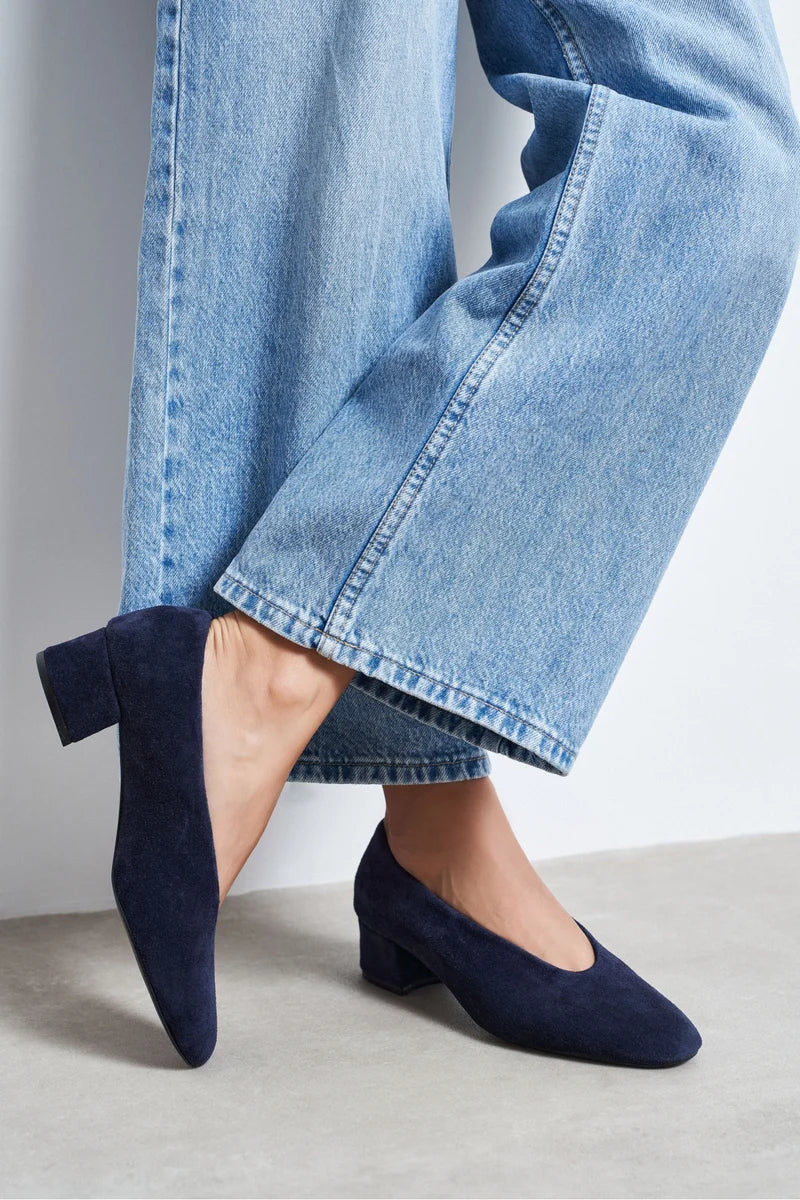 SAMIA Navy Blue Genuine Suede Leather Block Heel Flats – 4 cm