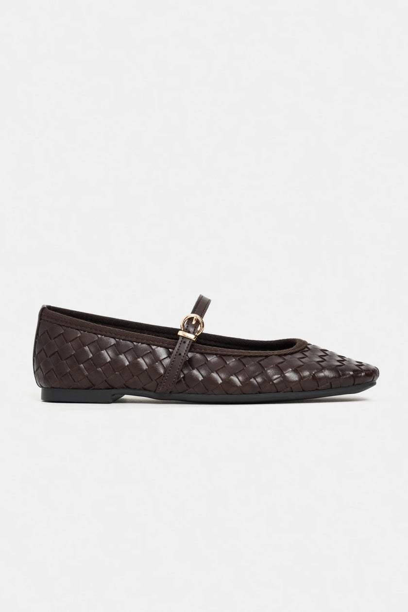 JEREMI Coffee Matte Pattern Buckle Detail Women’s Ballet Flats
