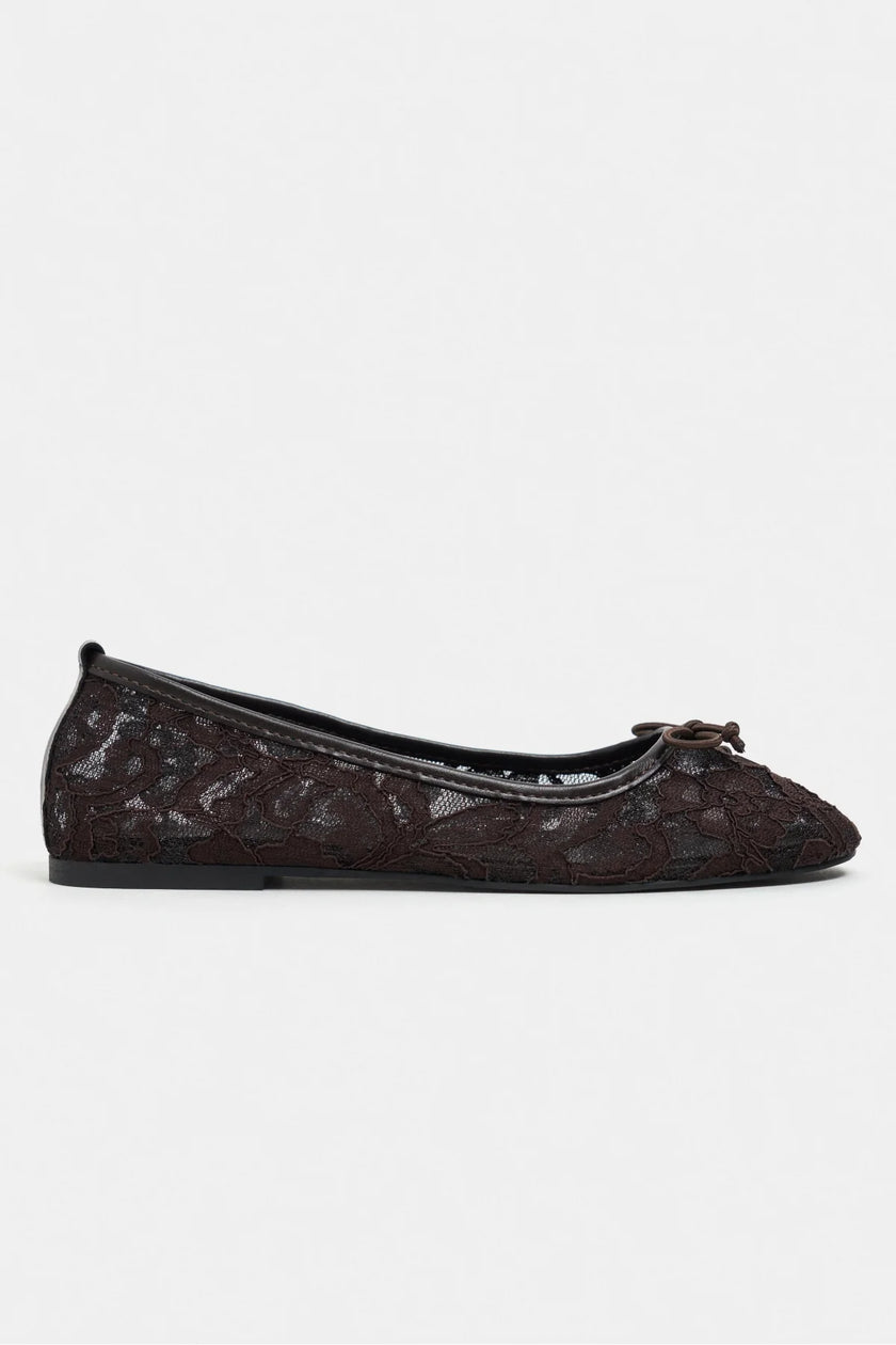 MAGNI Brown Lace Embroidered Bow Detail Women’s Ballet Flats