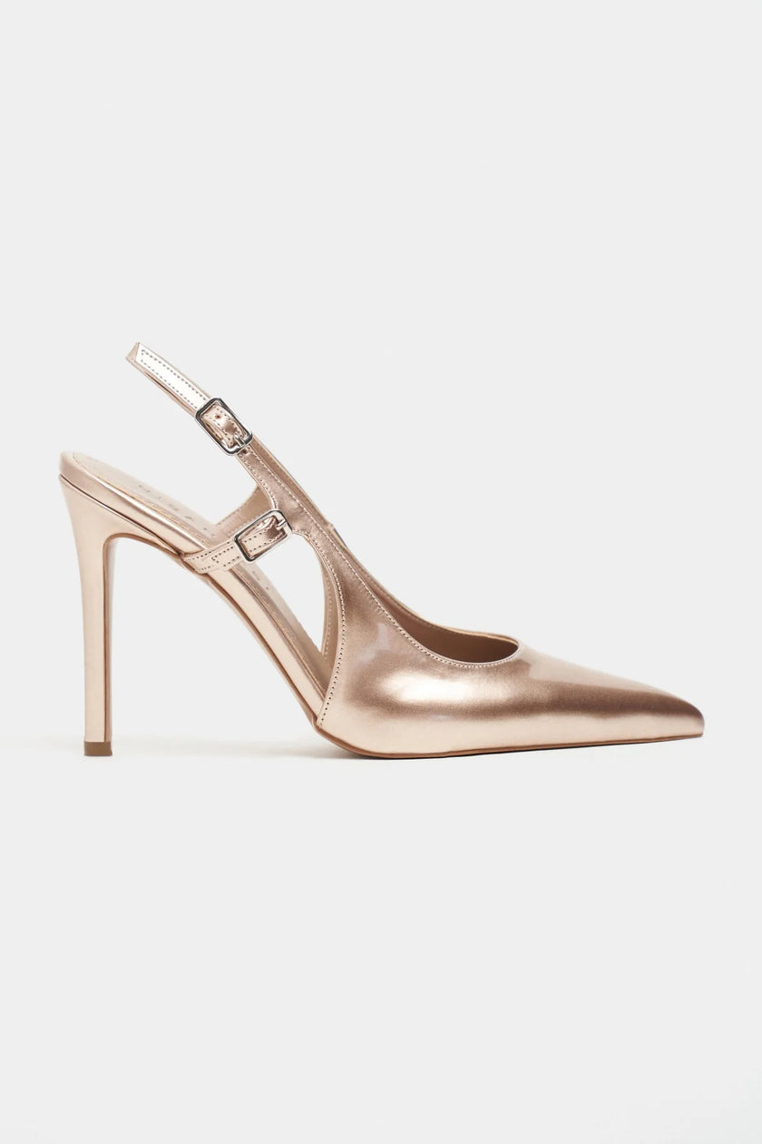 LADONIA Gold Patent Buckle Detail Open Back Women’s Heels