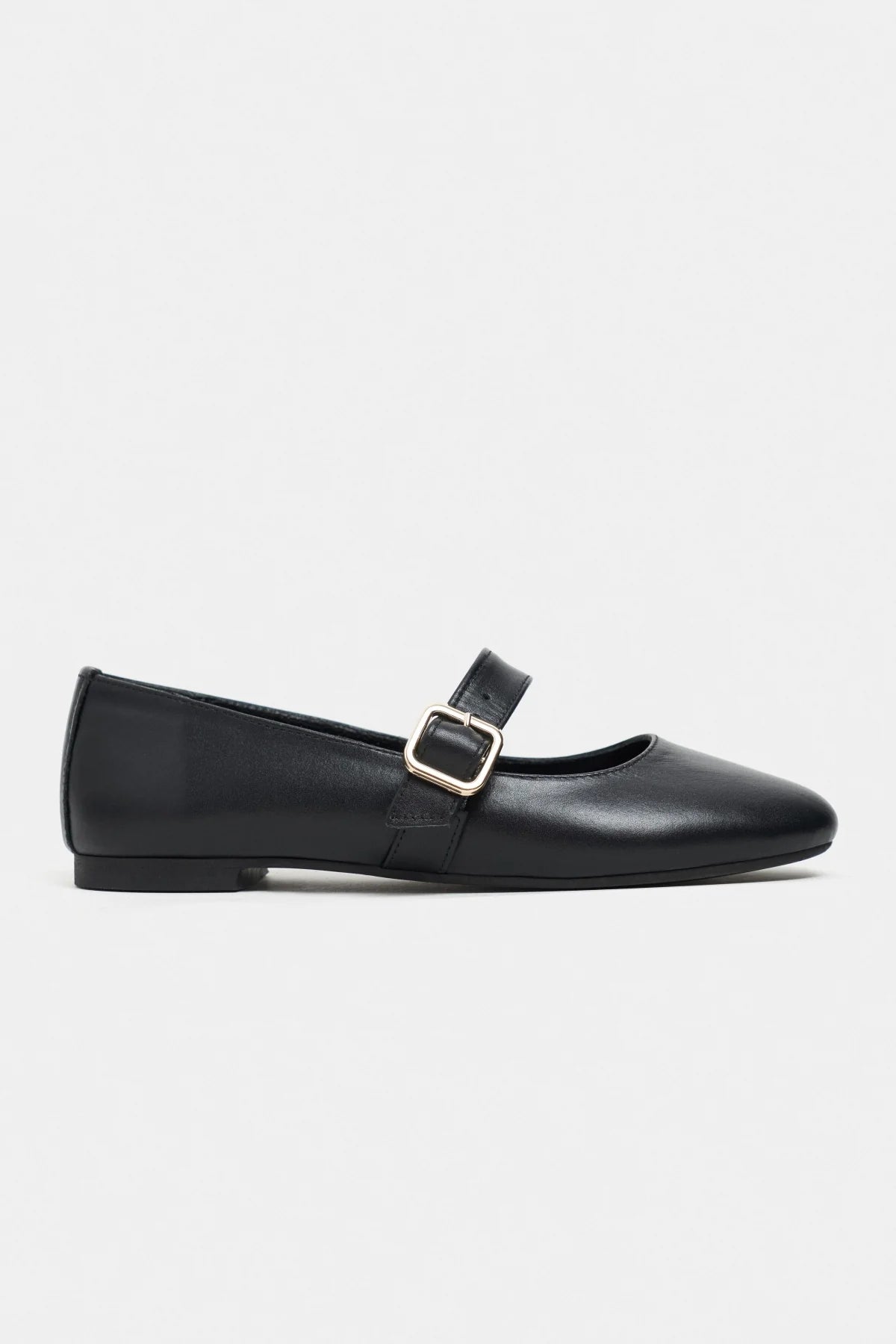 BERLIN Black Genuine Leather Buckle Strap Women’s Ballerina Flats