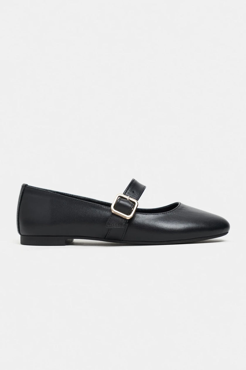 BERLIN Black Genuine Leather Buckle Strap Women’s Ballerina Flats