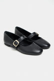 BERLIN Black Genuine Leather Buckle Strap Women’s Ballerina Flats