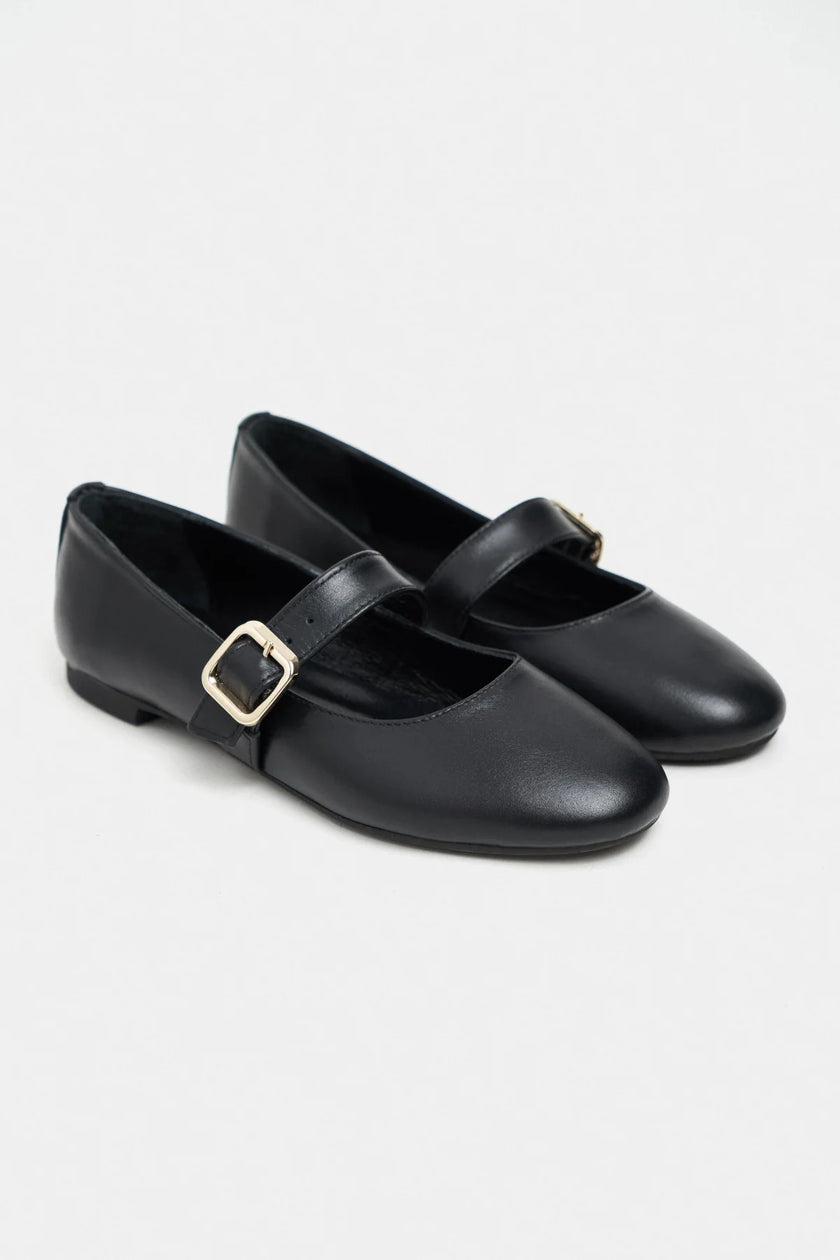 BERLIN Black Genuine Leather Buckle Strap Women’s Ballerina Flats