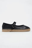 Cutis Black Genuine Leather Espadrille Ballet Flats with Rope Sole Detail