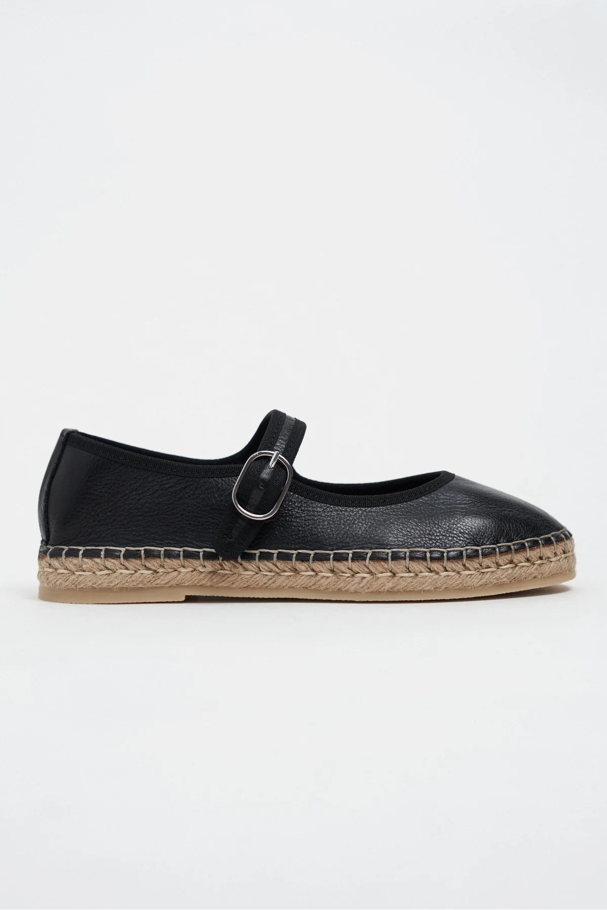 Cutis Black Genuine Leather Espadrille Ballet Flats with Rope Sole Detail