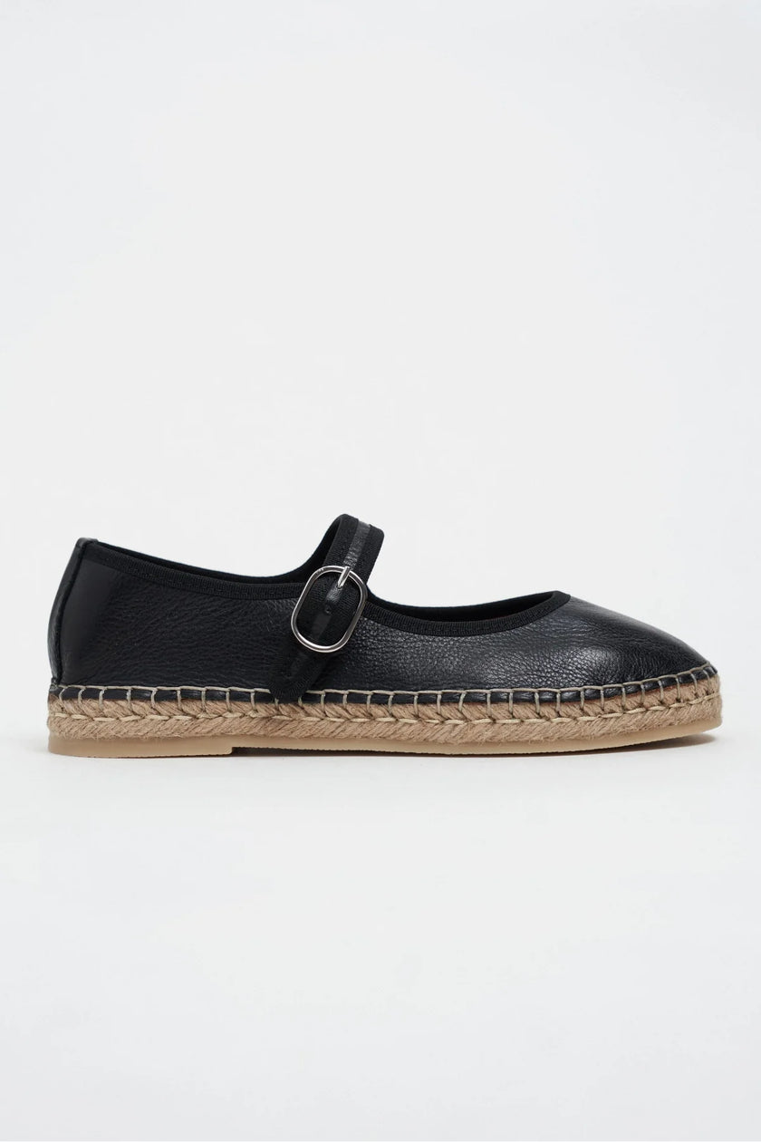 Cutis Black Genuine Leather Espadrille Ballet Flats with Rope Sole Detail