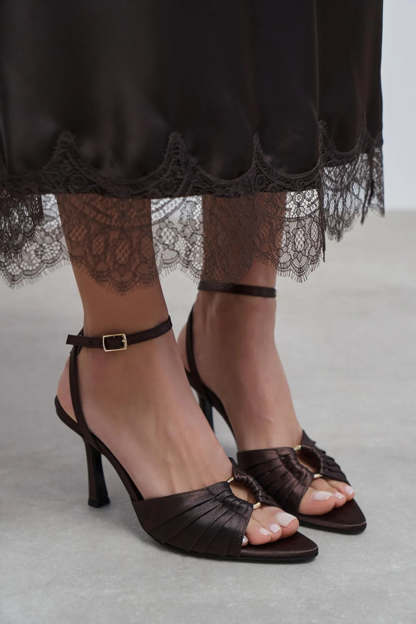 RAVEN Coffee Satin Ankle Strap Women’s Thin Heel Shoes