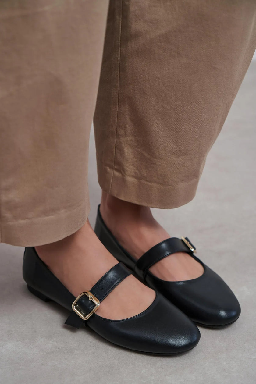 BERLIN Black Genuine Leather Buckle Strap Women’s Ballerina Flats
