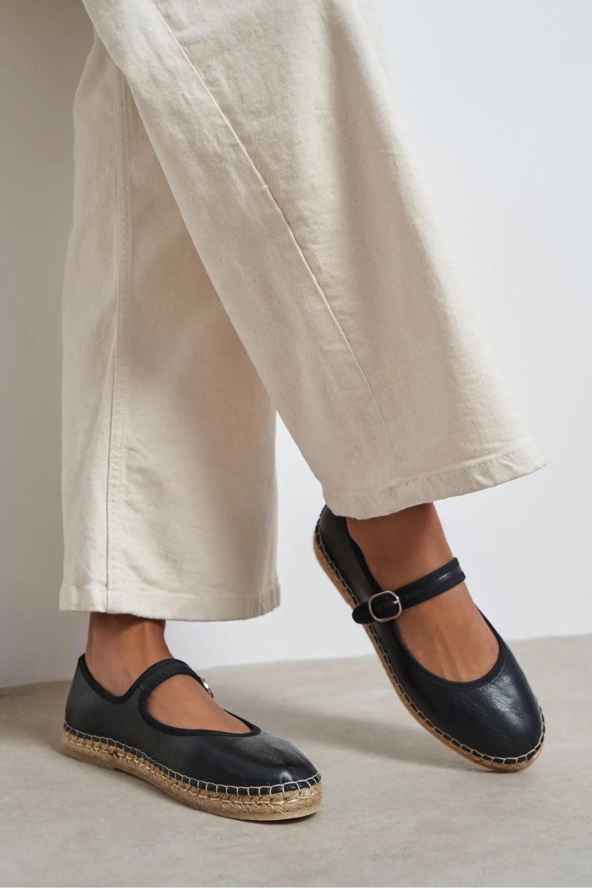Cutis Black Genuine Leather Espadrille Ballet Flats with Rope Sole Detail