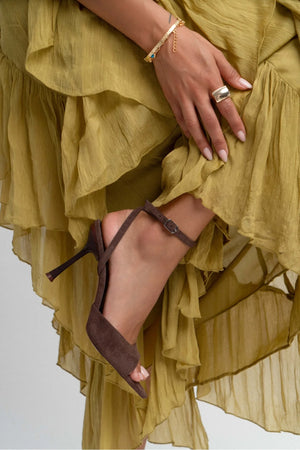 TANIA BROWN SUEDE ANKLE BELT DETAIL WOMEN'S THIN-HEEL LEATHER SHOES