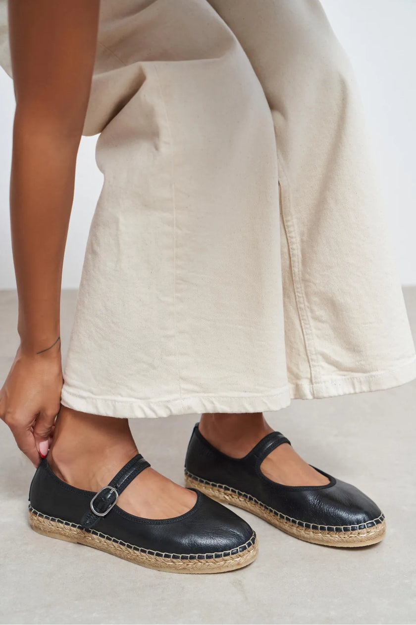 Cutis Black Genuine Leather Espadrille Ballet Flats with Rope Sole Detail