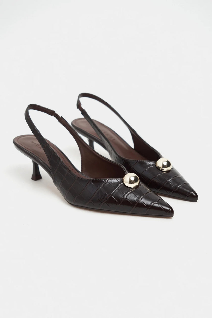 ALVERA Coffee Croco Texture Accessory Detail Pointed Toe Women’s Heel Shoes
