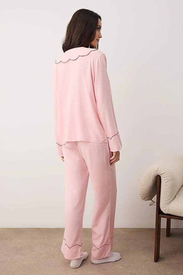 Pink Plain Shally Woven Pajama Set