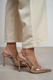 LADONIA Gold Patent Buckle Detail Open Back Women’s Heels