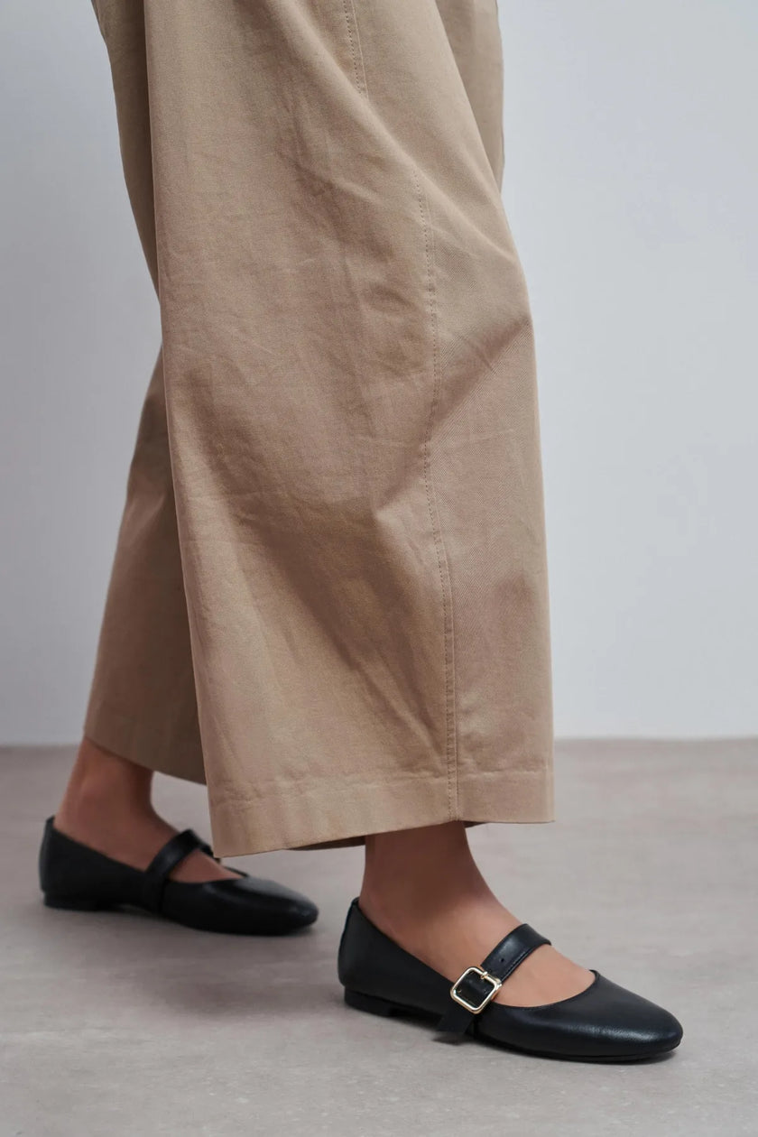 BERLIN Black Genuine Leather Buckle Strap Women’s Ballerina Flats