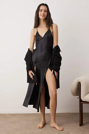 Black Single 100% Polyester Plain Slit Satin Weave Nightgown