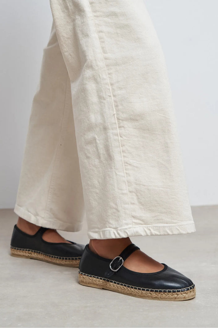 Cutis Black Genuine Leather Espadrille Ballet Flats with Rope Sole Detail