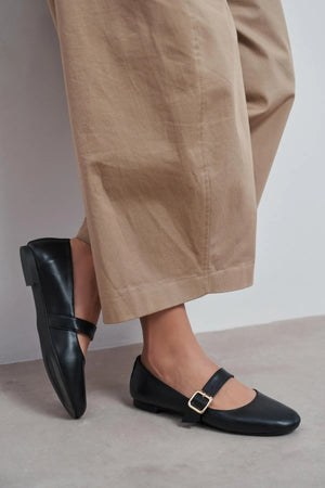 BERLIN Black Genuine Leather Buckle Strap Women’s Ballerina Flats