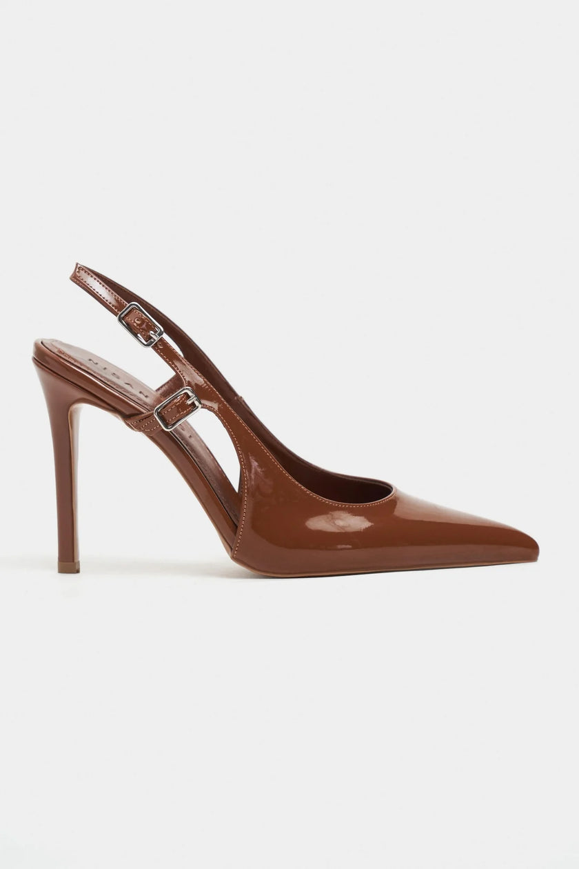 LADONIA Tan Patent Buckle Detail Open Back Women’s Heels