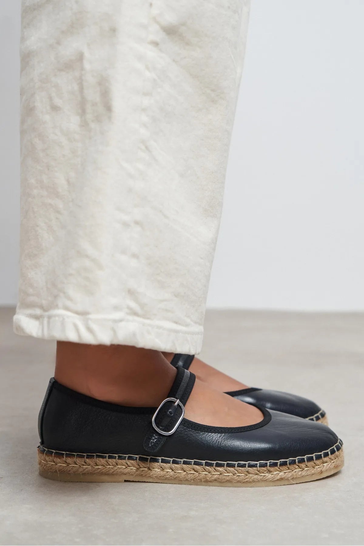 Cutis Black Genuine Leather Espadrille Ballet Flats with Rope Sole Detail