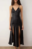 Black Single 100% Polyester Plain Slit Satin Weave Nightgown