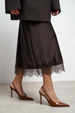 LADONIA Tan Patent Buckle Detail Open Back Women’s Heels