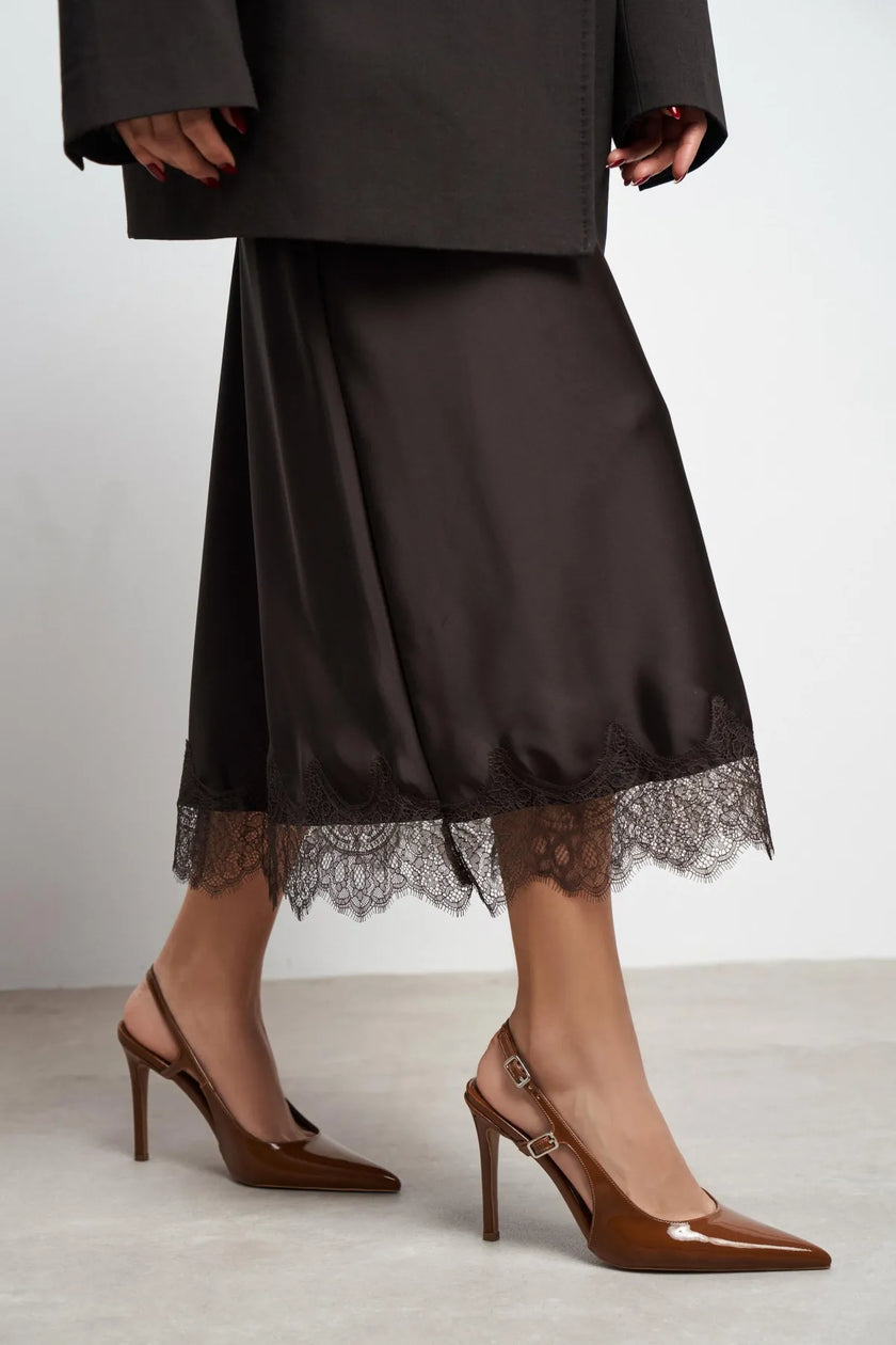 LADONIA Tan Patent Buckle Detail Open Back Women’s Heels