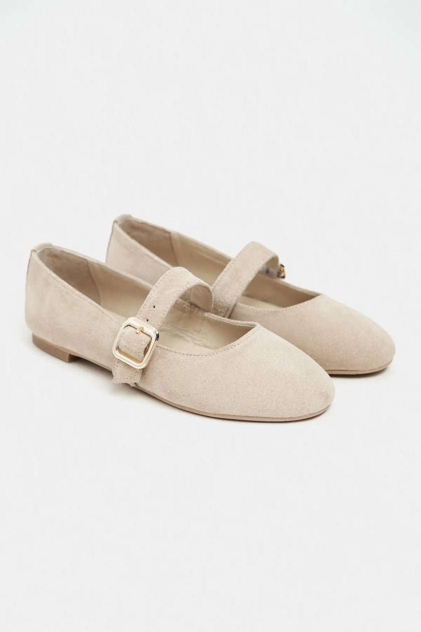 BERLIN Beige Suede Genuine Leather Buckle Strap Women’s Ballerina Flats