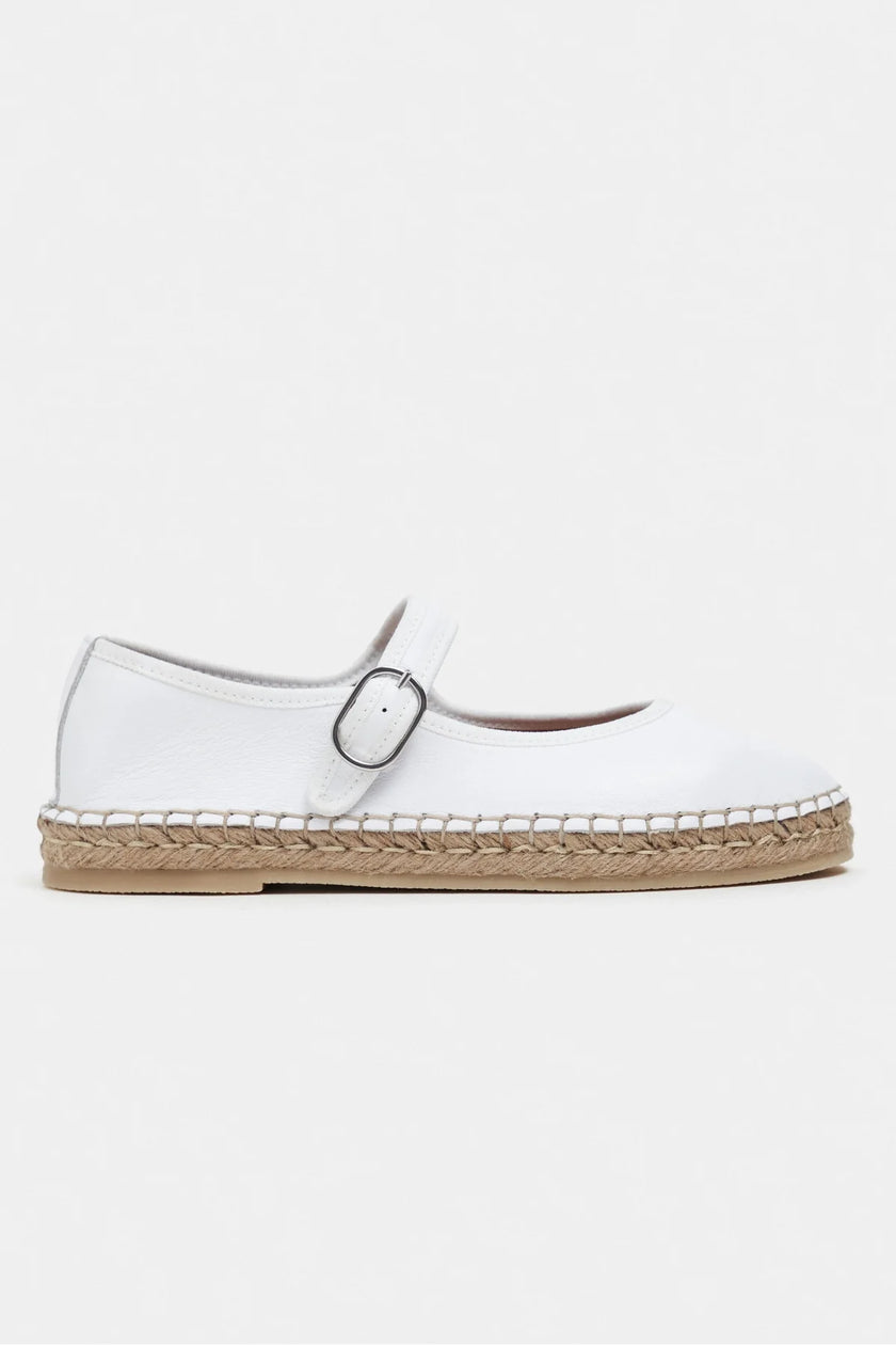 Cutis White Genuine Leather Espadrille Ballet Flats with Rope Sole Detail