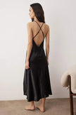 Black Single 100% Polyester Plain Slit Satin Weave Nightgown
