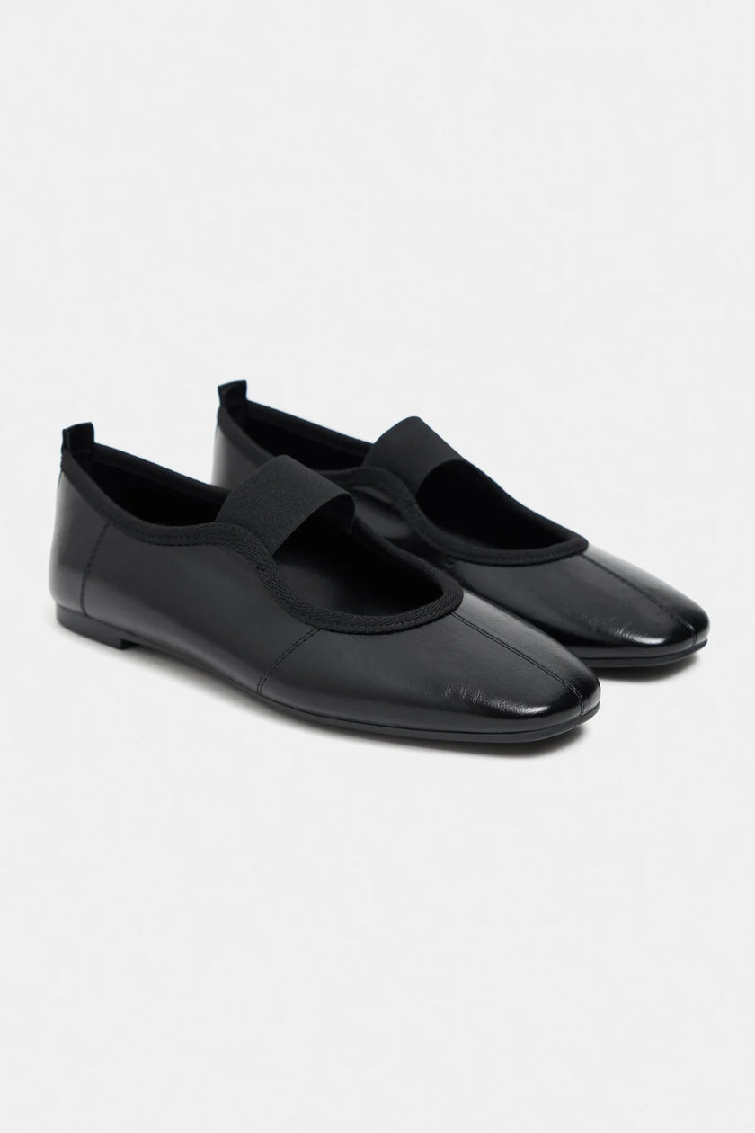 MORTY Black Rustic Patterned Women’s Daily Ballet Flats with Strap Detail