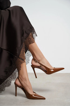 LADONIA Tan Patent Buckle Detail Open Back Women’s Heels