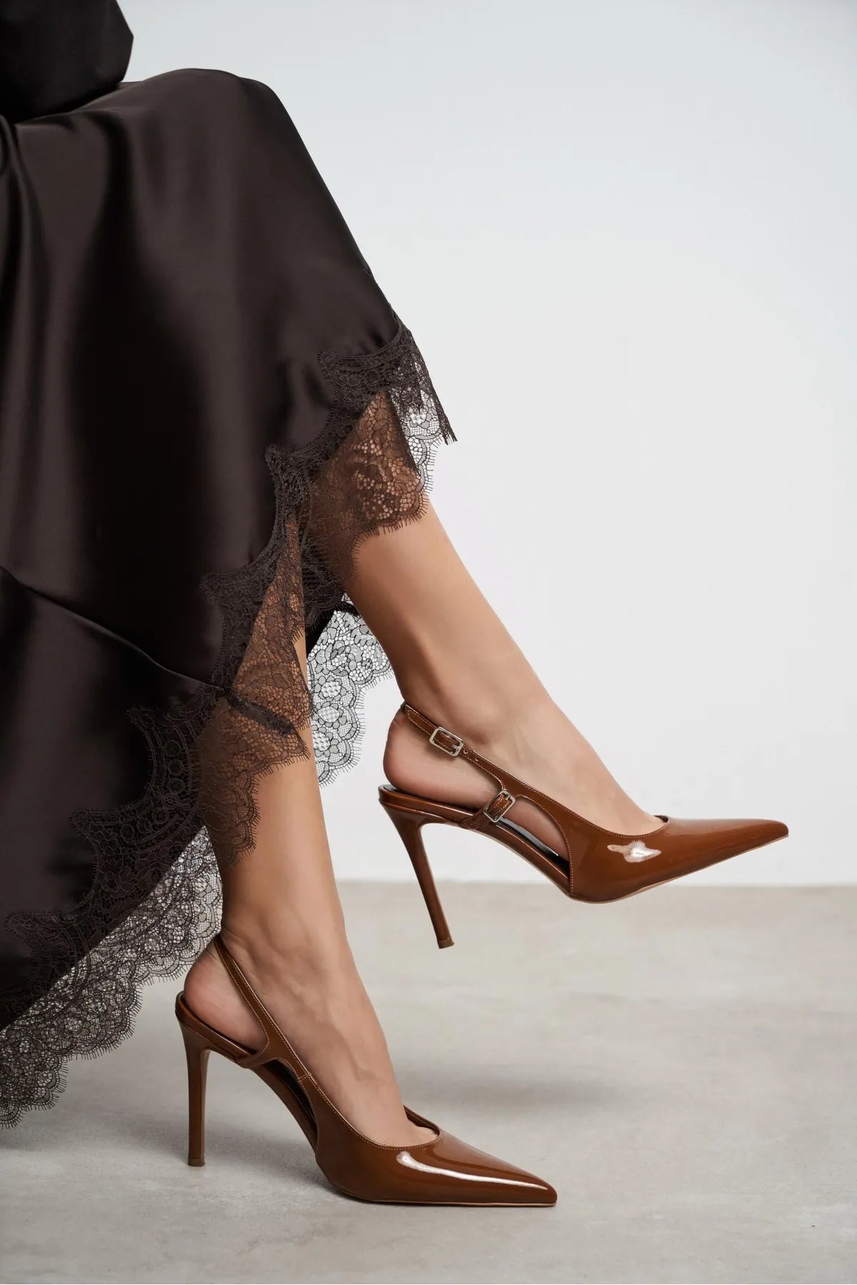 LADONIA Tan Patent Buckle Detail Open Back Women’s Heels
